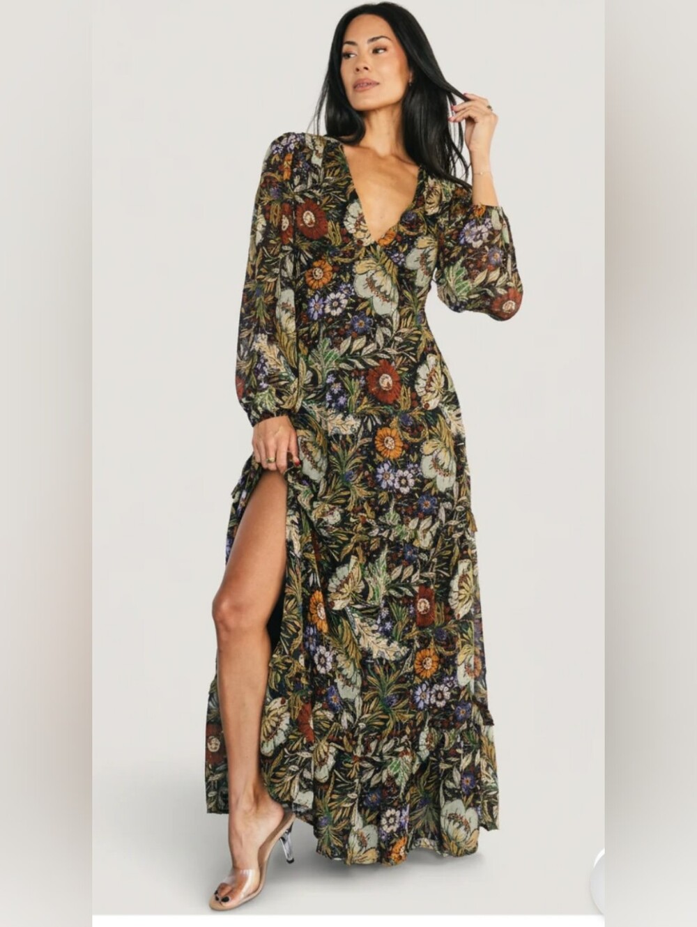 Floral Maxi V-Neck Long Sleeve Dress in Multi
